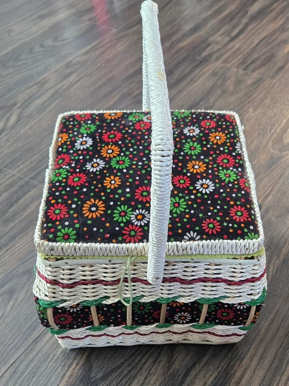 Vintage 1970s Retro Wicker & Padded Fabric Top Sewing Basket